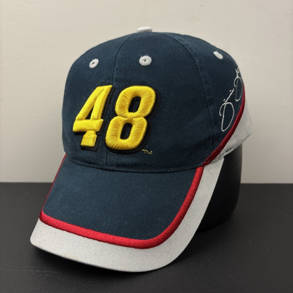 Vintage Jimmie Johnson #48 NASCAR Navy Blue Yellow Strapback Hat Signature Cap